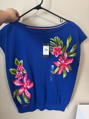 Tommy Hilfiger Royal Blue Knit Top with Pink Floral Embroidery